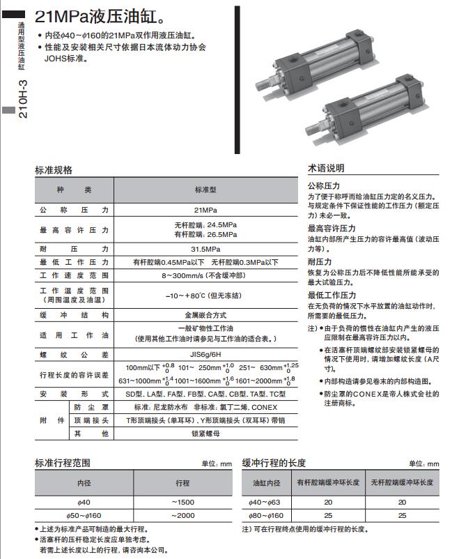 太阳铁工21MPa用复动型液压油缸210H-3系列规格图